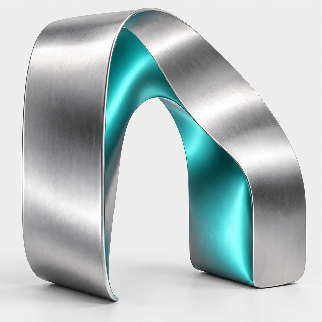 A continuous steel ribbon with a turquoise interior, forming a sculptural n